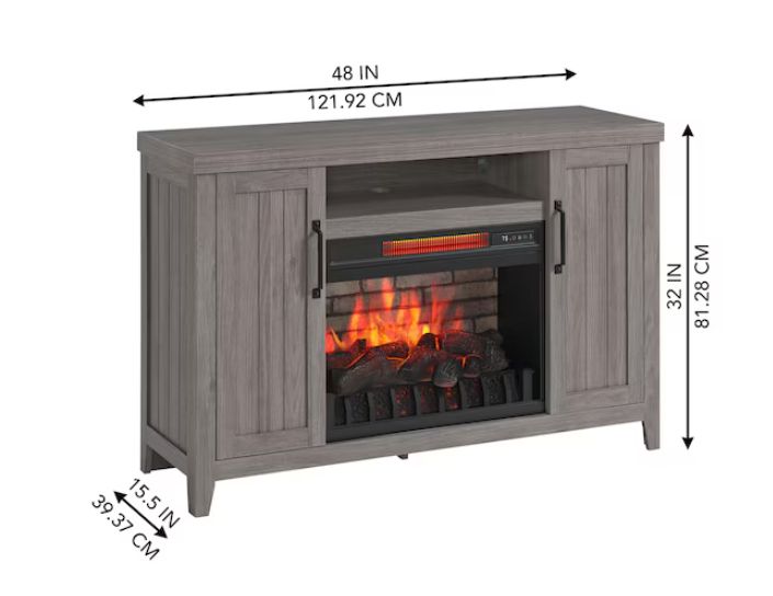 Style Selections 48-in W Iron Oak Free standing Infrared quartz Flat Wall Electric Fireplace with Remote Control Included