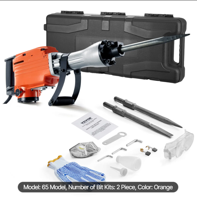 Demolition Jack Hammer, 2200W Electric Jackhammer Heavy Duty, 1350 BPM Concrete Breaker, 2pcs Chisels Bit Chipping with Case