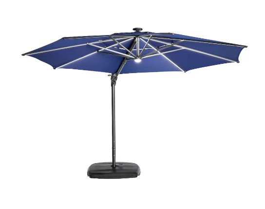 11-ft Aluminum Navy Slide-Tilt Cantilever Patio Umbrella with Lights with Base