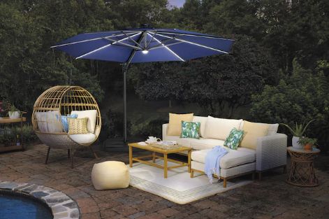 11-ft Aluminum Navy Slide-Tilt Cantilever Patio Umbrella with Lights with Base