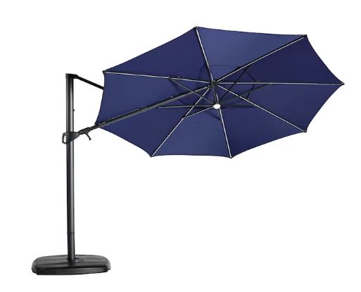 11-ft Aluminum Navy Slide-Tilt Cantilever Patio Umbrella with Lights with Base