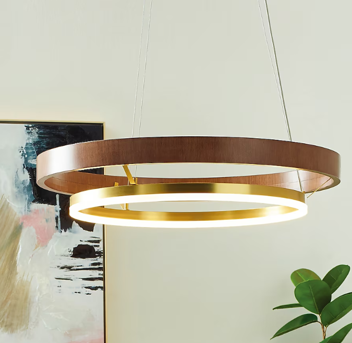 Dunst 1-Light Warm Walnut and Brushed Gold Modern / Contemporary Acrylic Tiered LED Large Hanging Pendant