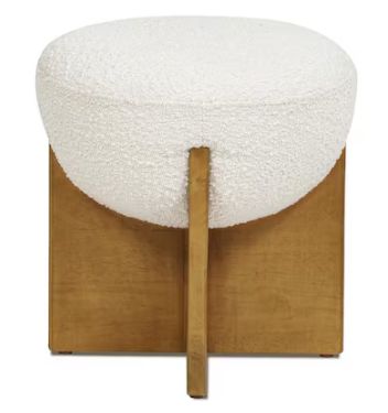 Bali Ivory White Boucle Upholstered Round 18.5 in. Ottoman with Natural Wood Base