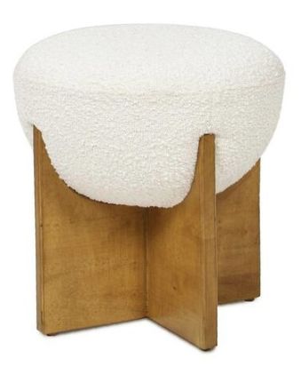 Bali Ivory White Boucle Upholstered Round 18.5 in. Ottoman with Natural Wood Base