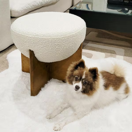 Bali Ivory White Boucle Upholstered Round 18.5 in. Ottoman with Natural Wood Base