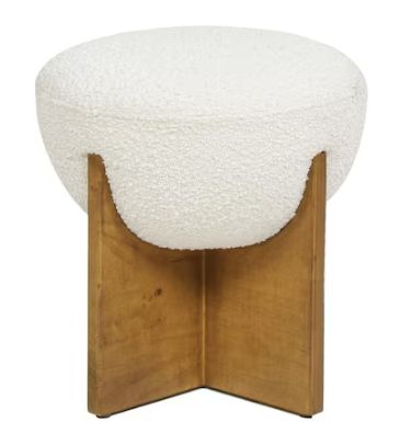 Bali Ivory White Boucle Upholstered Round 18.5 in. Ottoman with Natural Wood Base