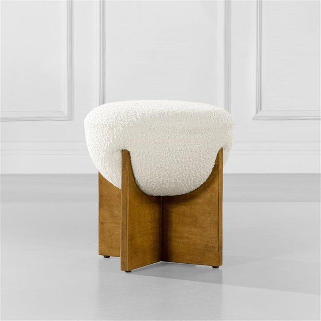 Bali Ivory White Boucle Upholstered Round 18.5 in. Ottoman with Natural Wood Base