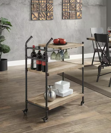 Brantley Oak Rolling Serving Cart with 3-Shelves
