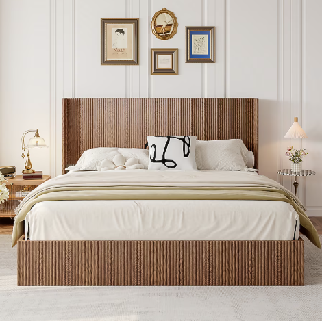 King wood lift storage bed frame grooves natural rustic brown no box spring no noise