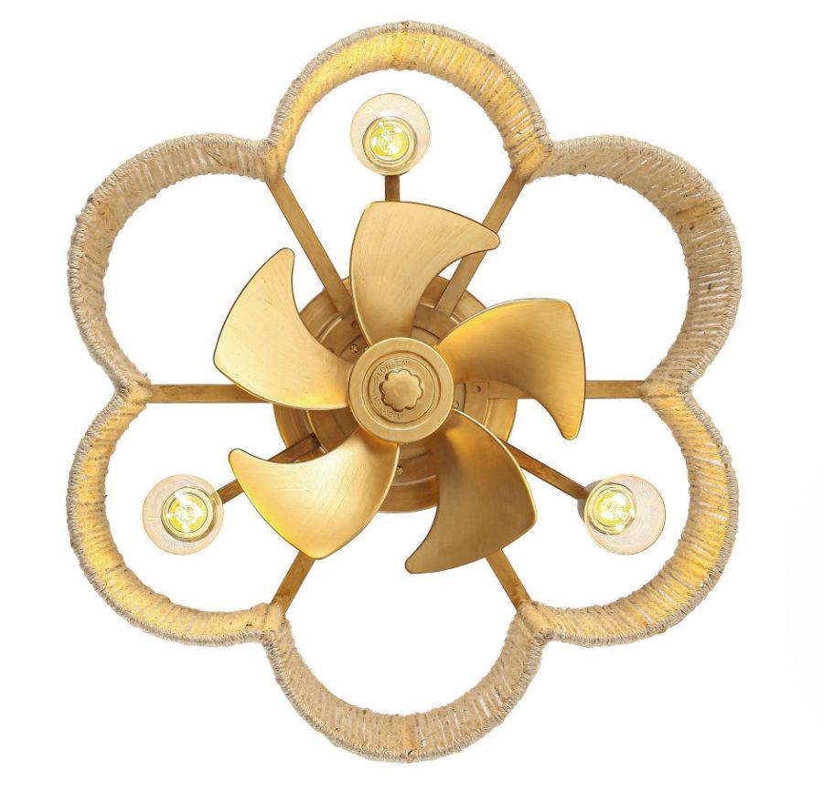 Golden Flower-shape Farmhouse Rattan Flush Mount Ceiling Fan with Light APP and Remote Control