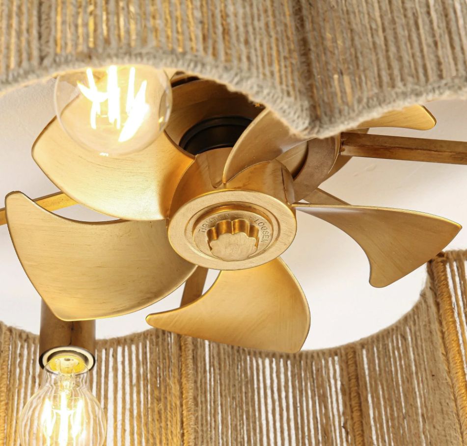 Golden Flower-shape Farmhouse Rattan Flush Mount Ceiling Fan with Light APP and Remote Control