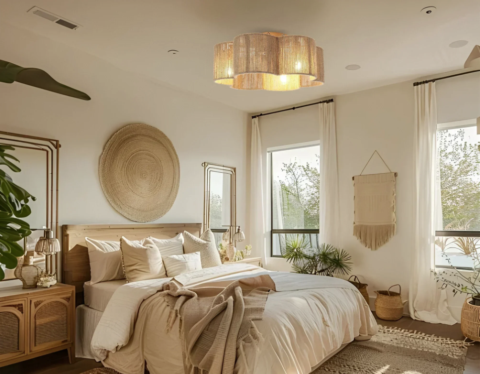 Golden Flower-shape Farmhouse Rattan Flush Mount Ceiling Fan with Light APP and Remote Control