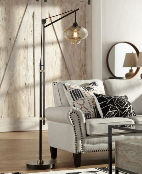 Franklin Iron Works Calyx 66" Cognac Glass and Bronze LED Floor Lamp
