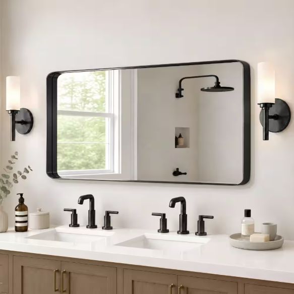 60 in. W x 28 in. H Rectangular Aluminum Framed Wall Bathroom Vanity Mirror in Black