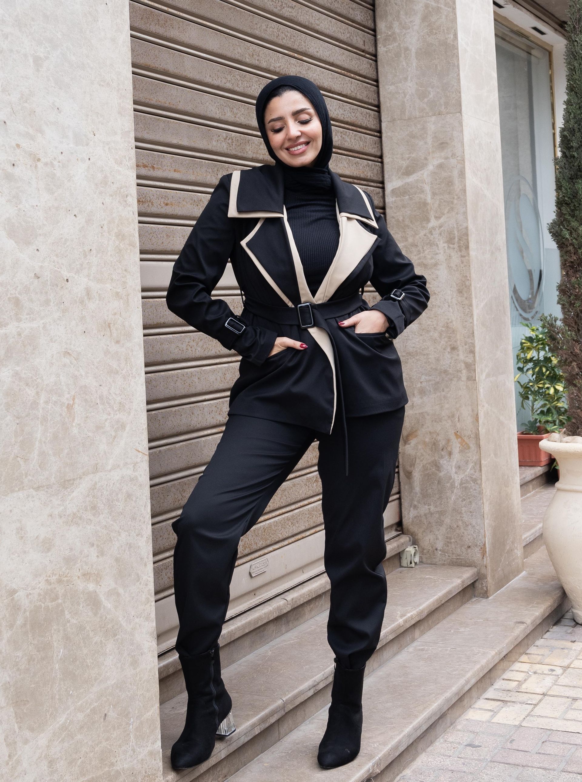 Black Double Collar Belted Jacket