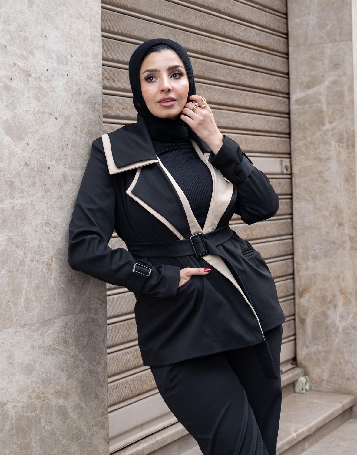 Black Double Collar Belted Jacket