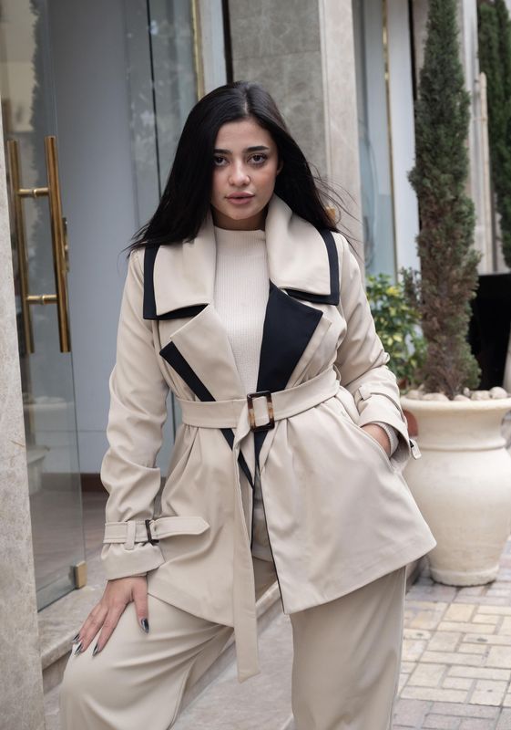 Beige Double Collar Belted Jacket