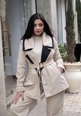 Beige Double Collar Belted Jacket