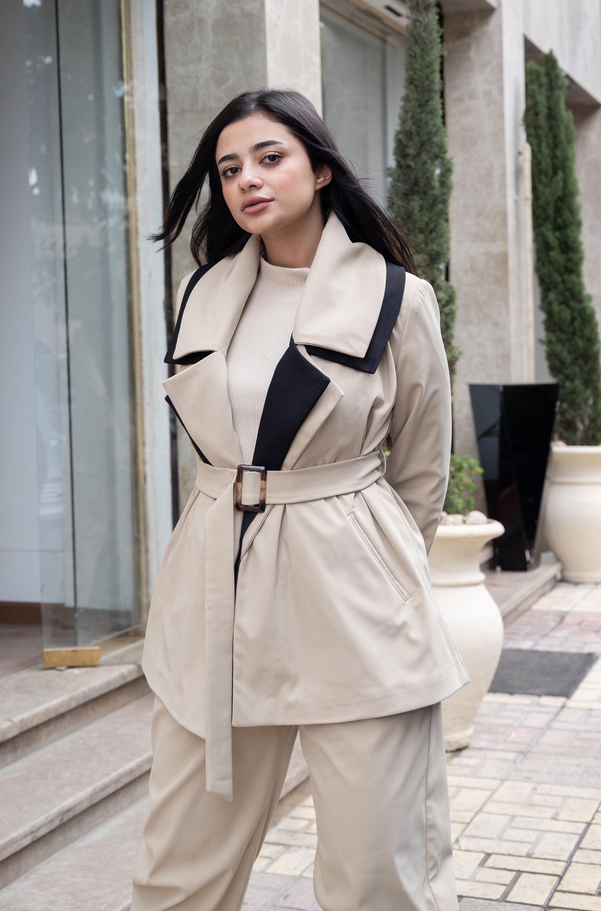 Beige Double Collar Belted Jacket