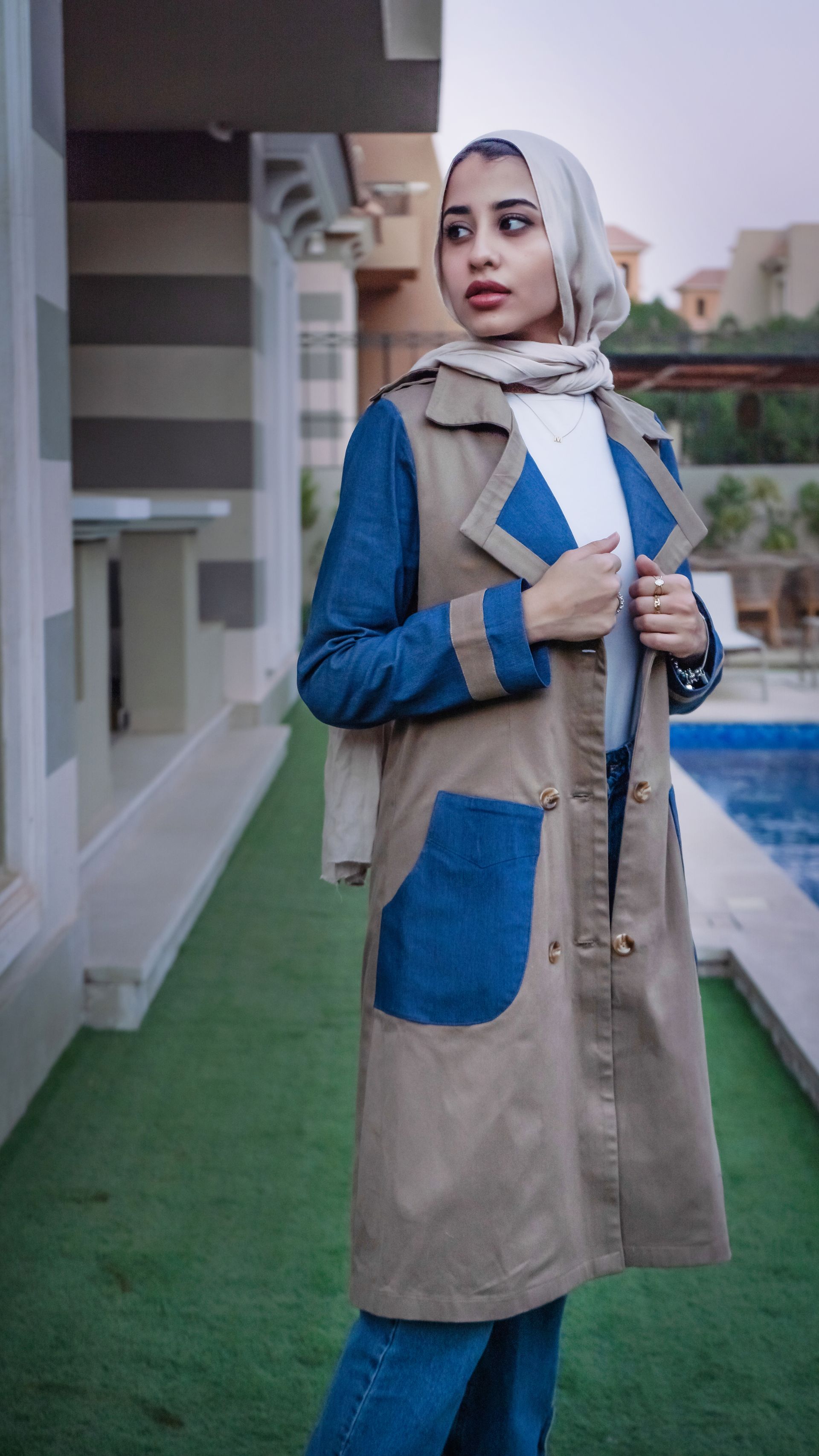 Tone Trench Coat with Denim Accents