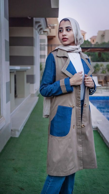 Tone Trench Coat with Denim Accents