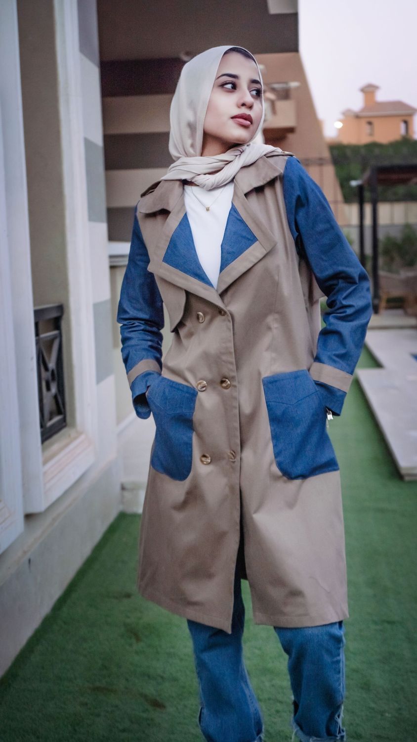 Tone Trench Coat with Denim Accents