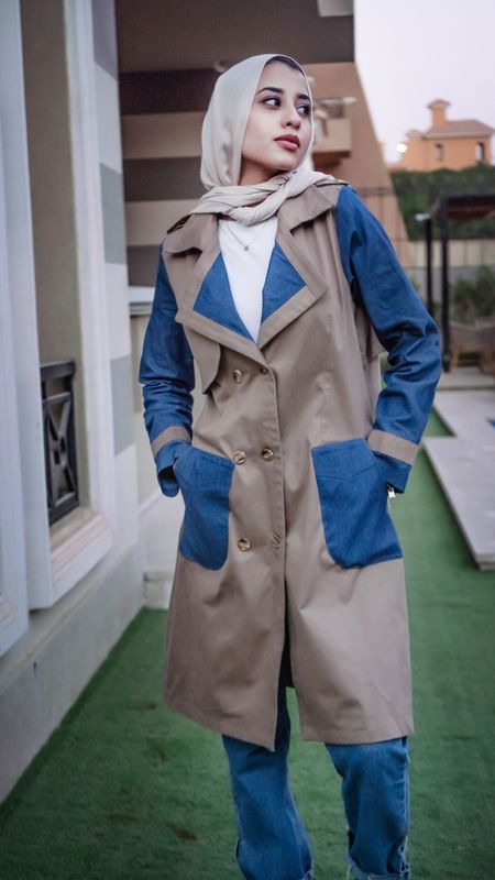 Tone Trench Coat with Denim Accents