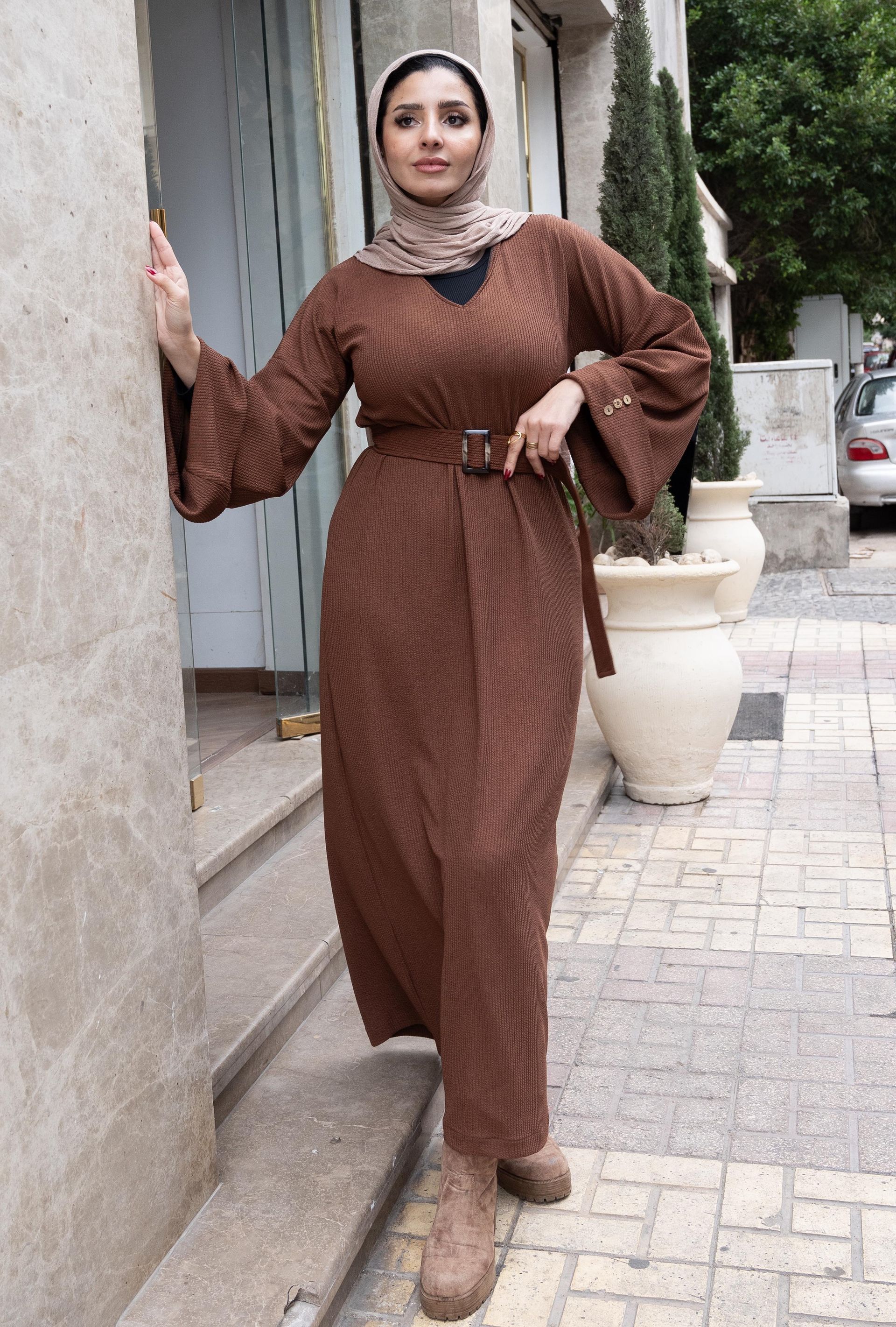 Brown Ribbed Knit Belted Dress