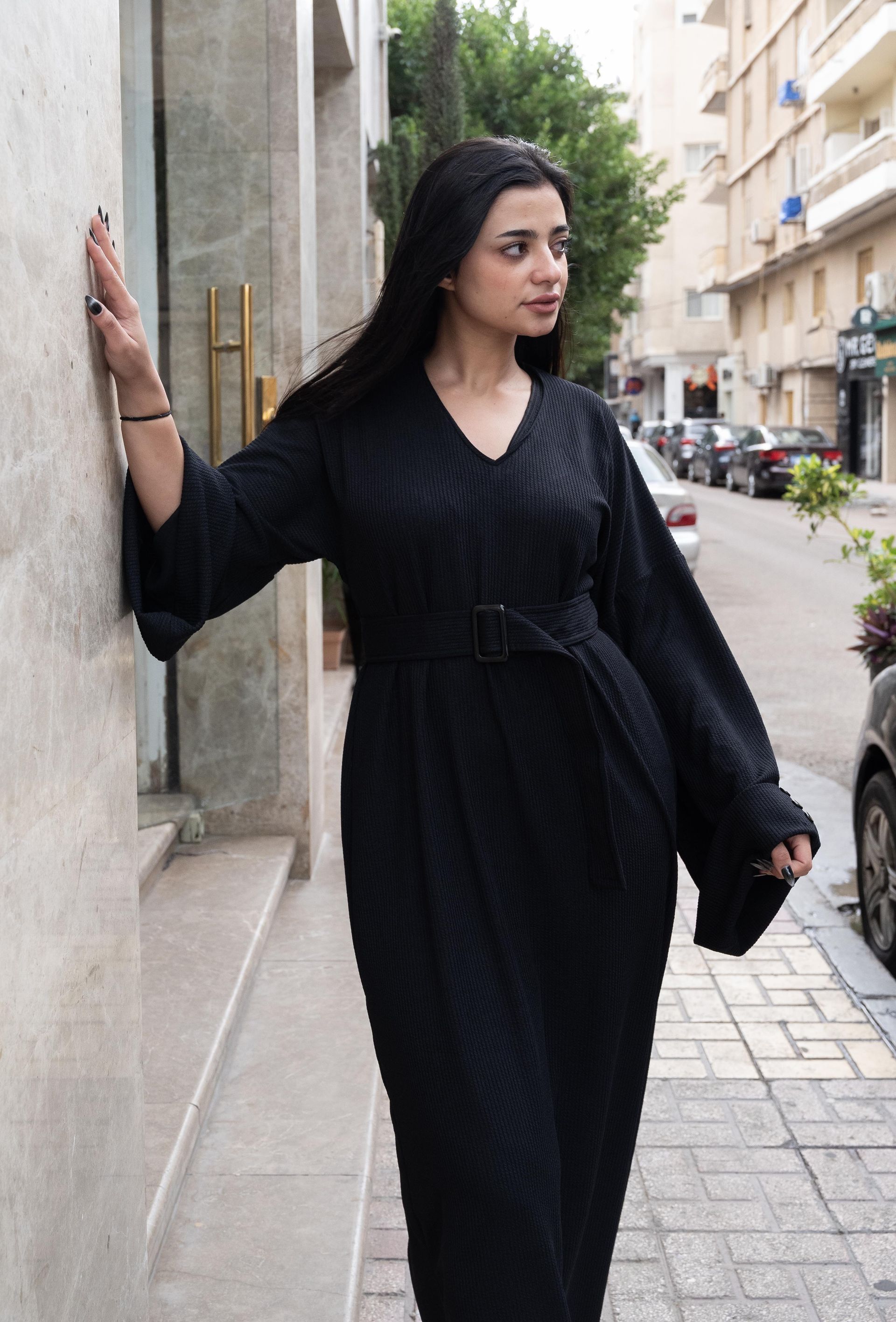 Black Ribbed Knit Belted Dress
