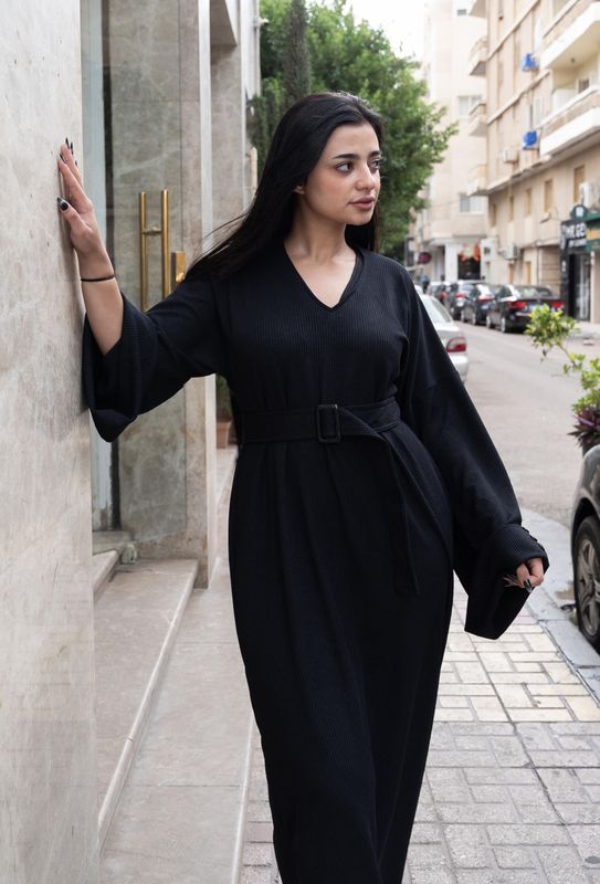Black Ribbed Knit Belted Dress
