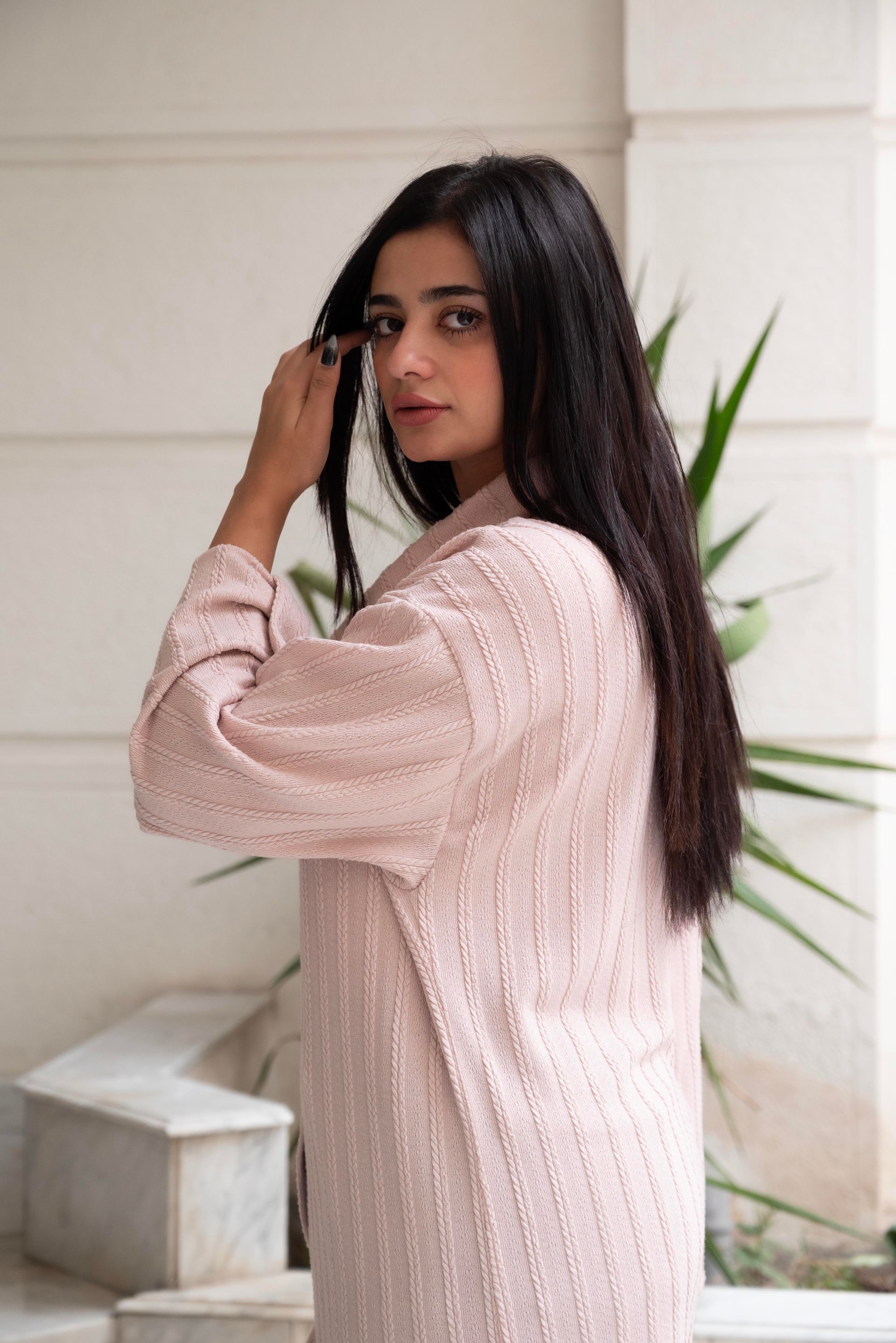 Pink Ribbed Knit Slit Dress