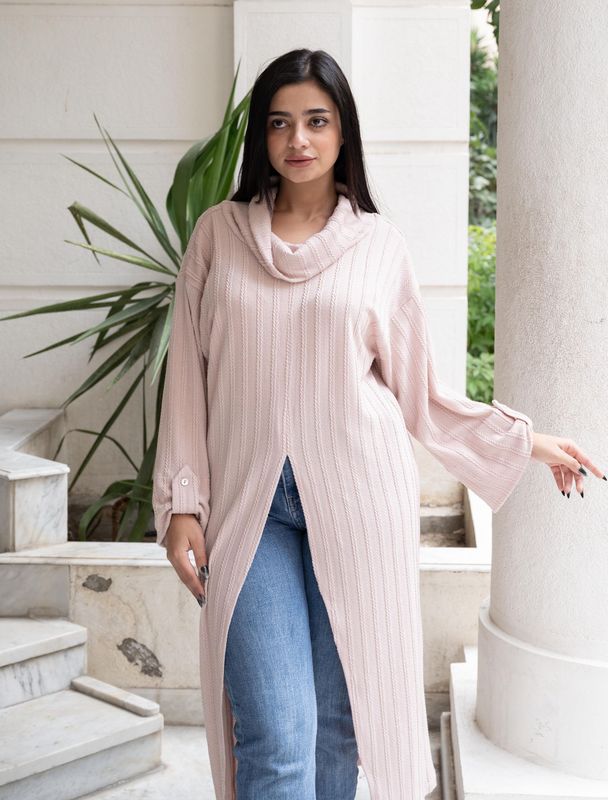 Pink Ribbed Knit Slit Dress