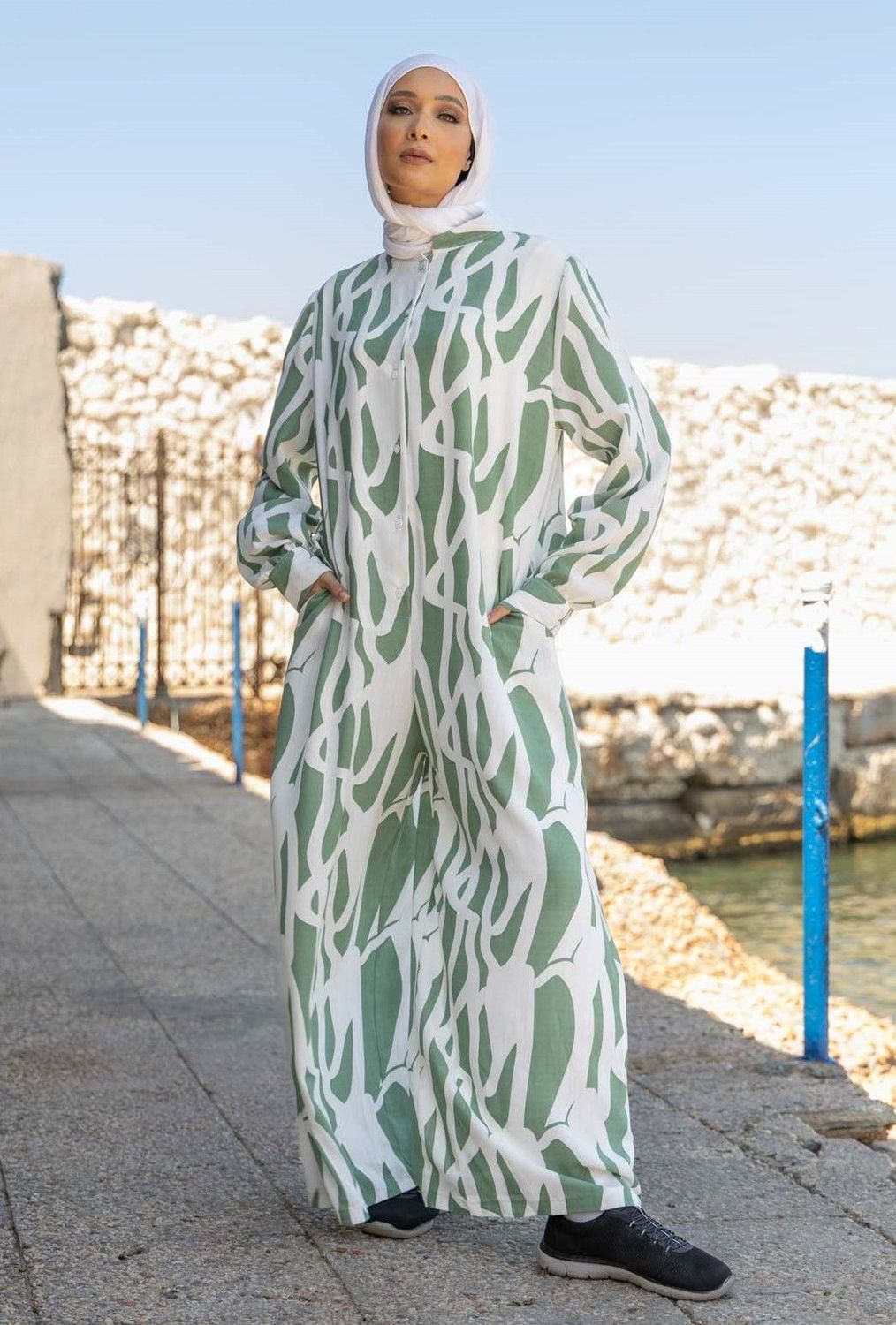 Olive Abstract Print Linen Jumpsuit