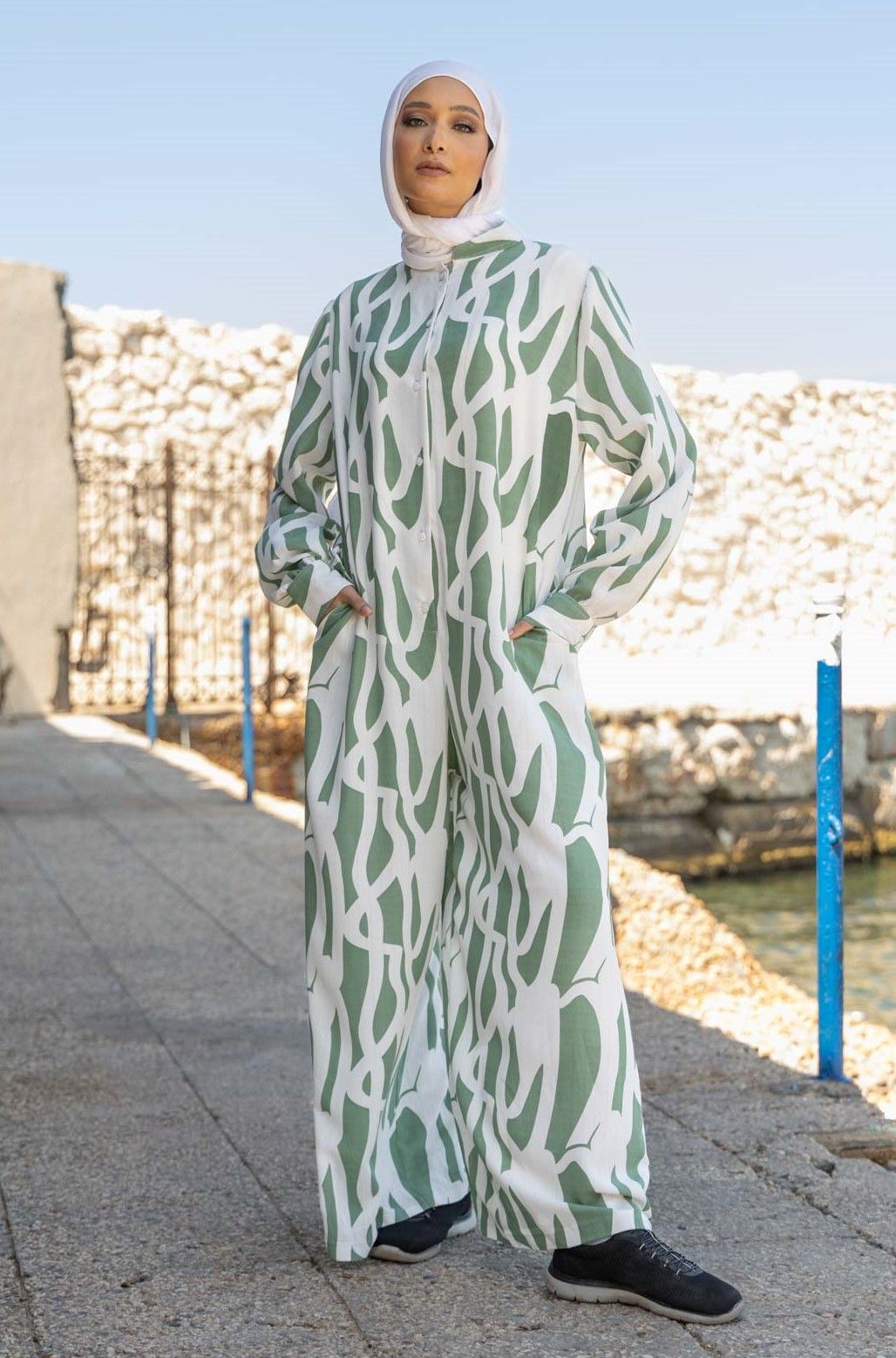 Olive Abstract Print Linen Jumpsuit