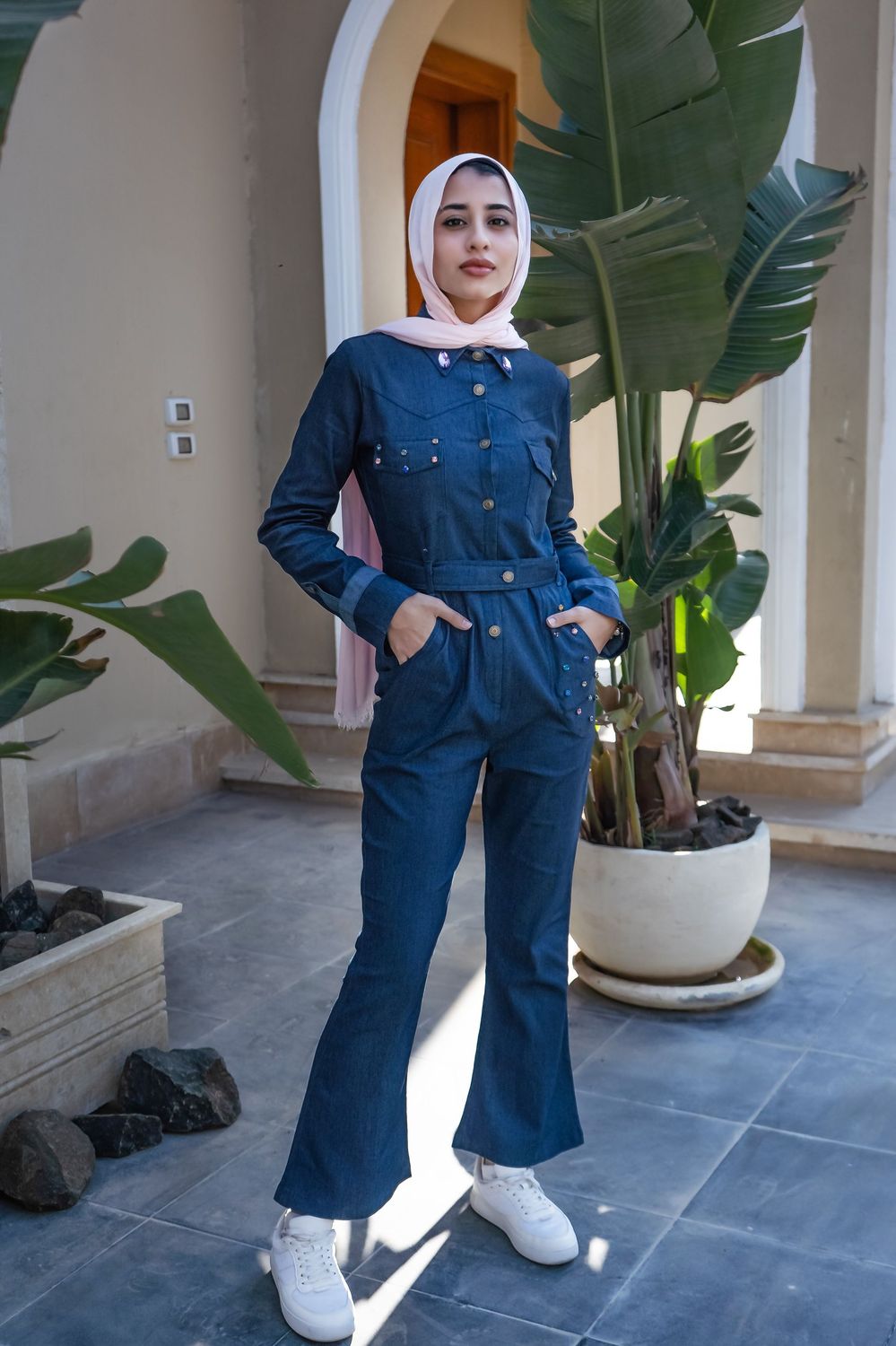 Denim Flared Jumpsuit with Belt