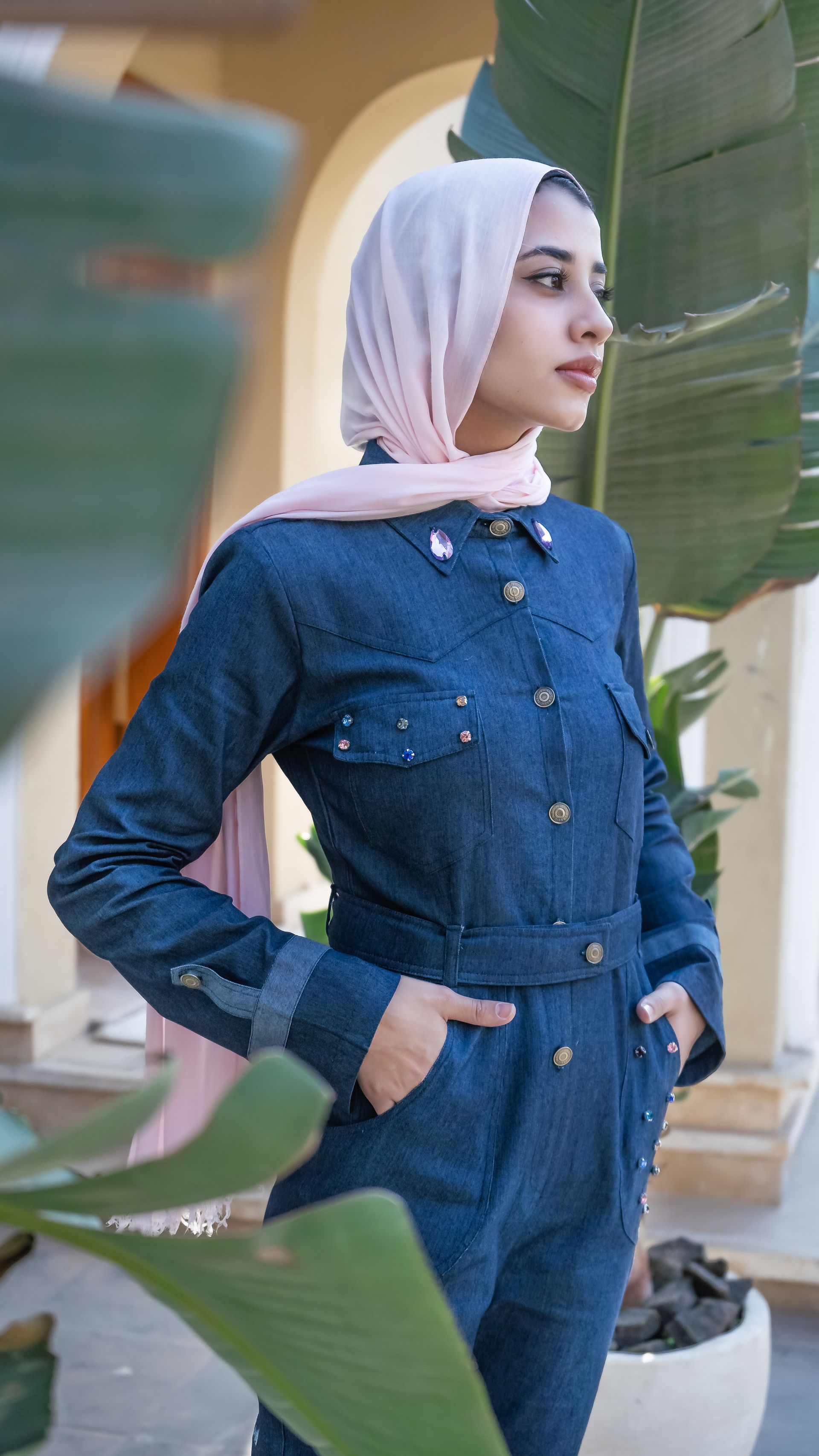 Denim Flared Jumpsuit with Belt