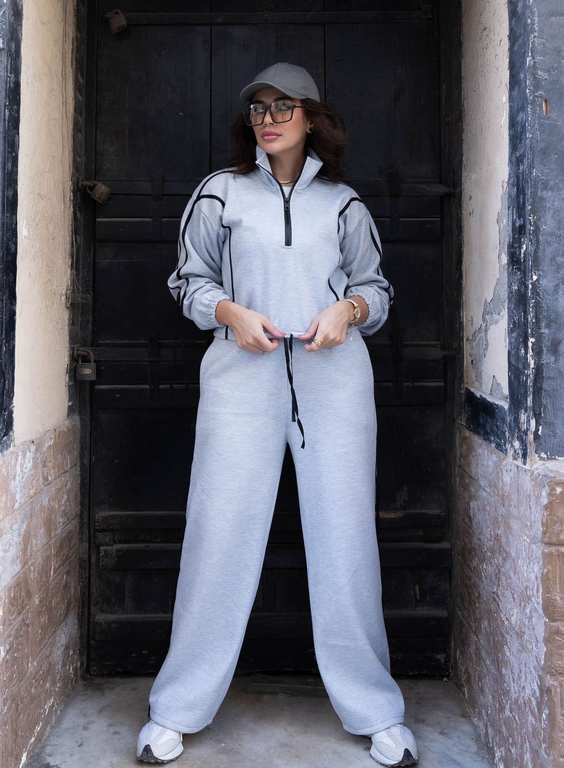 Striped Ribbon Grey half zipper 2P-Set