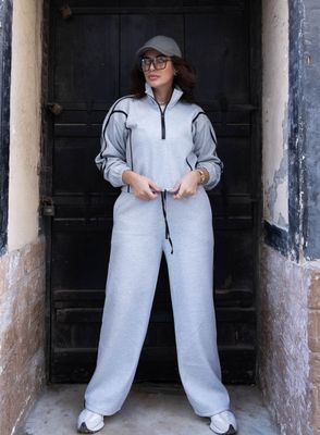 Striped Ribbon Grey half zipper 2P-Set