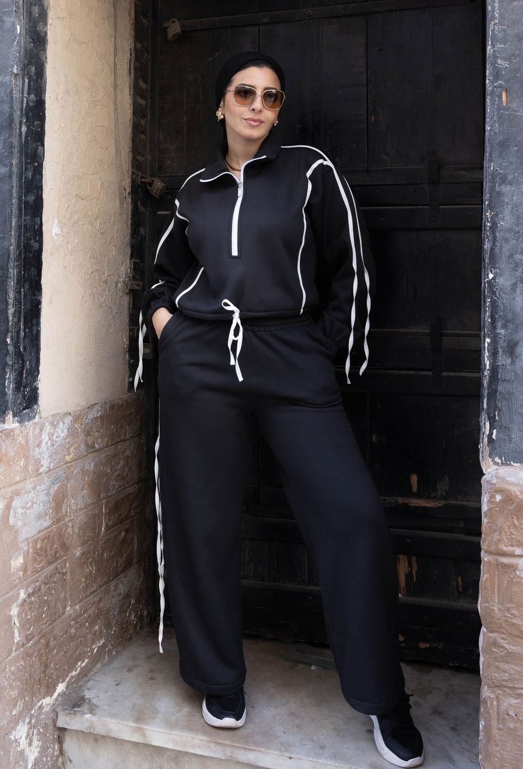 Striped Ribbon Black half zipper 2P-Set