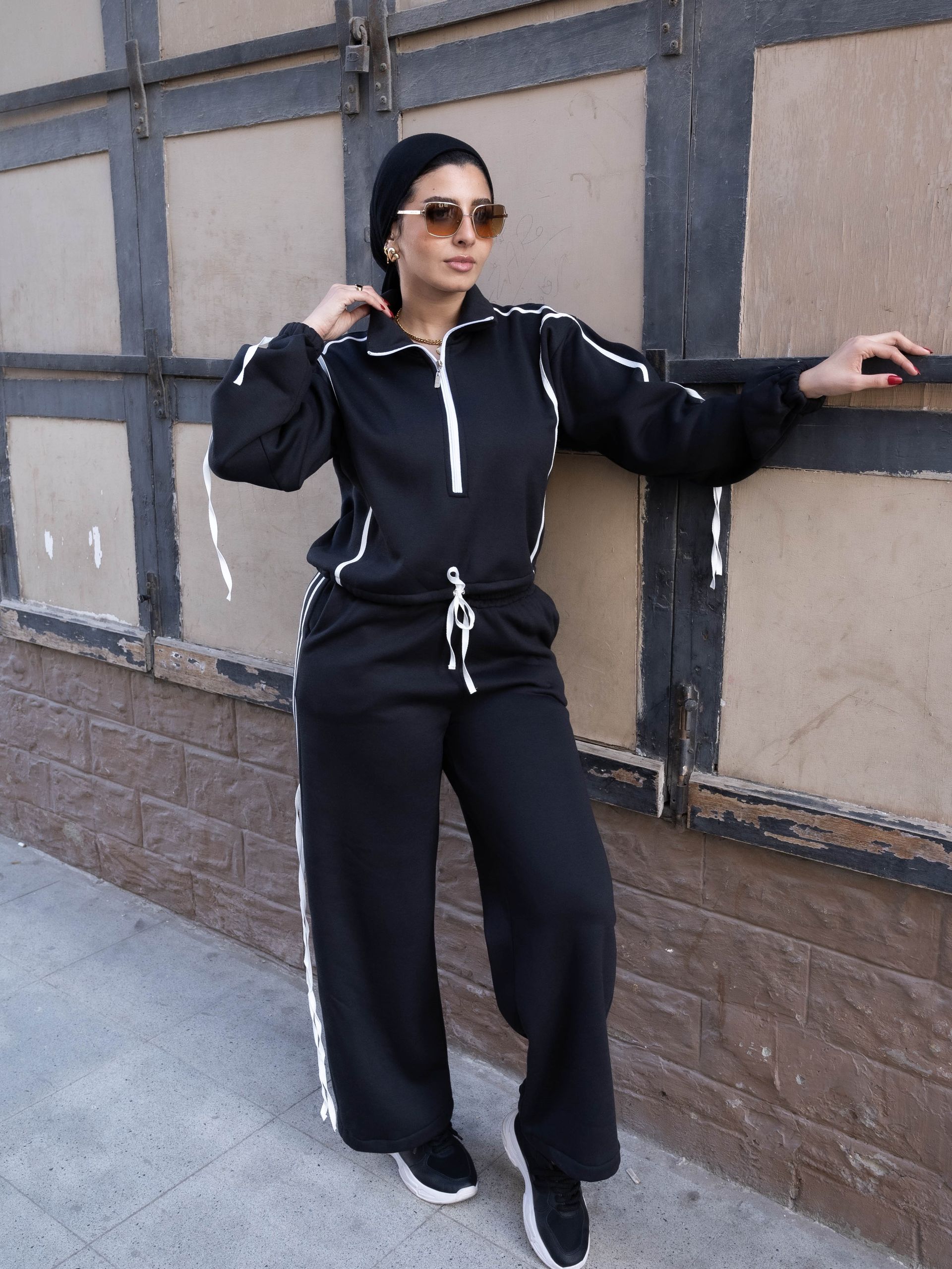 Striped Ribbon Black half zipper 2P-Set