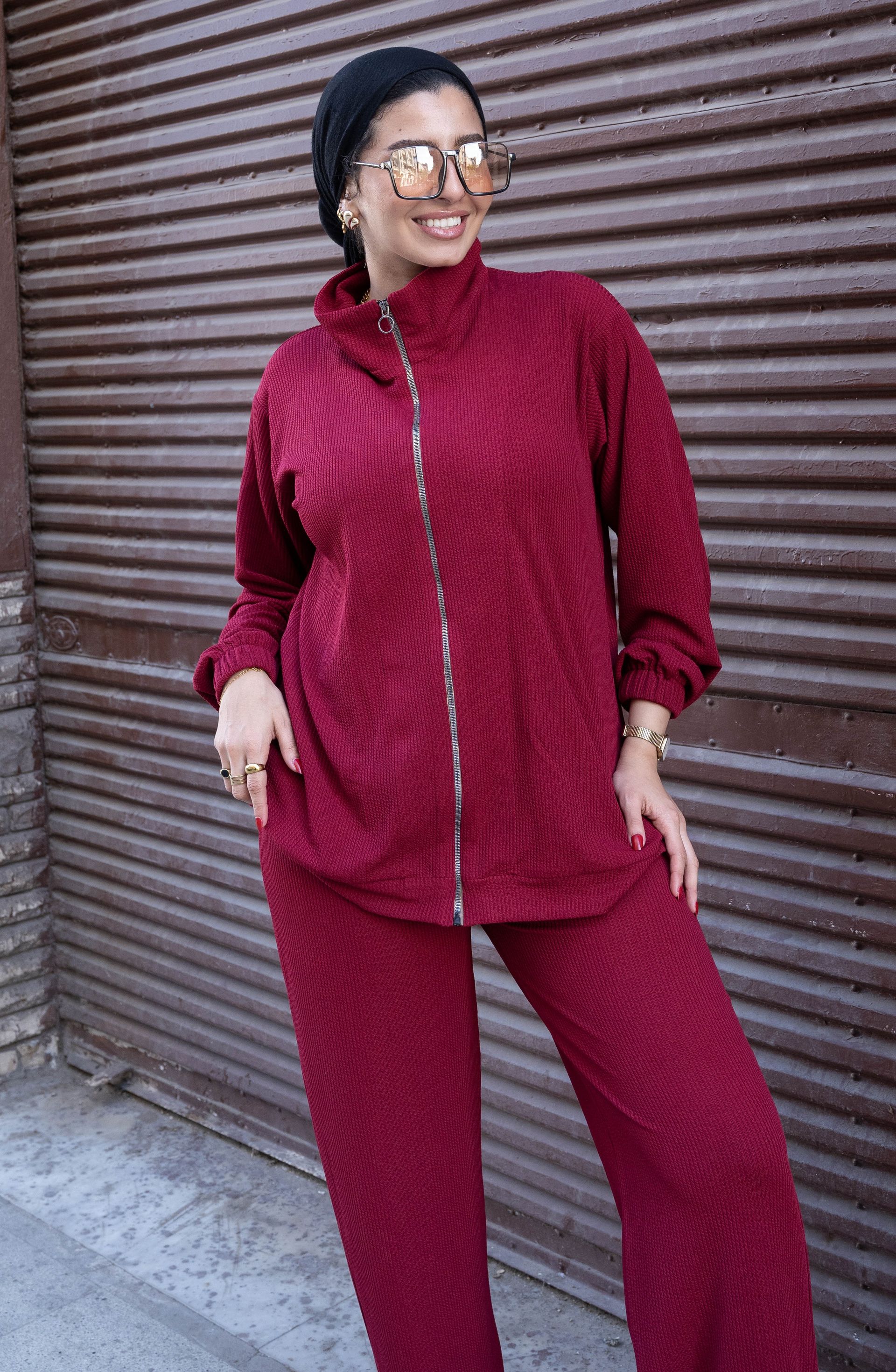 Ribbed Burgundy Zipper 2P-Set