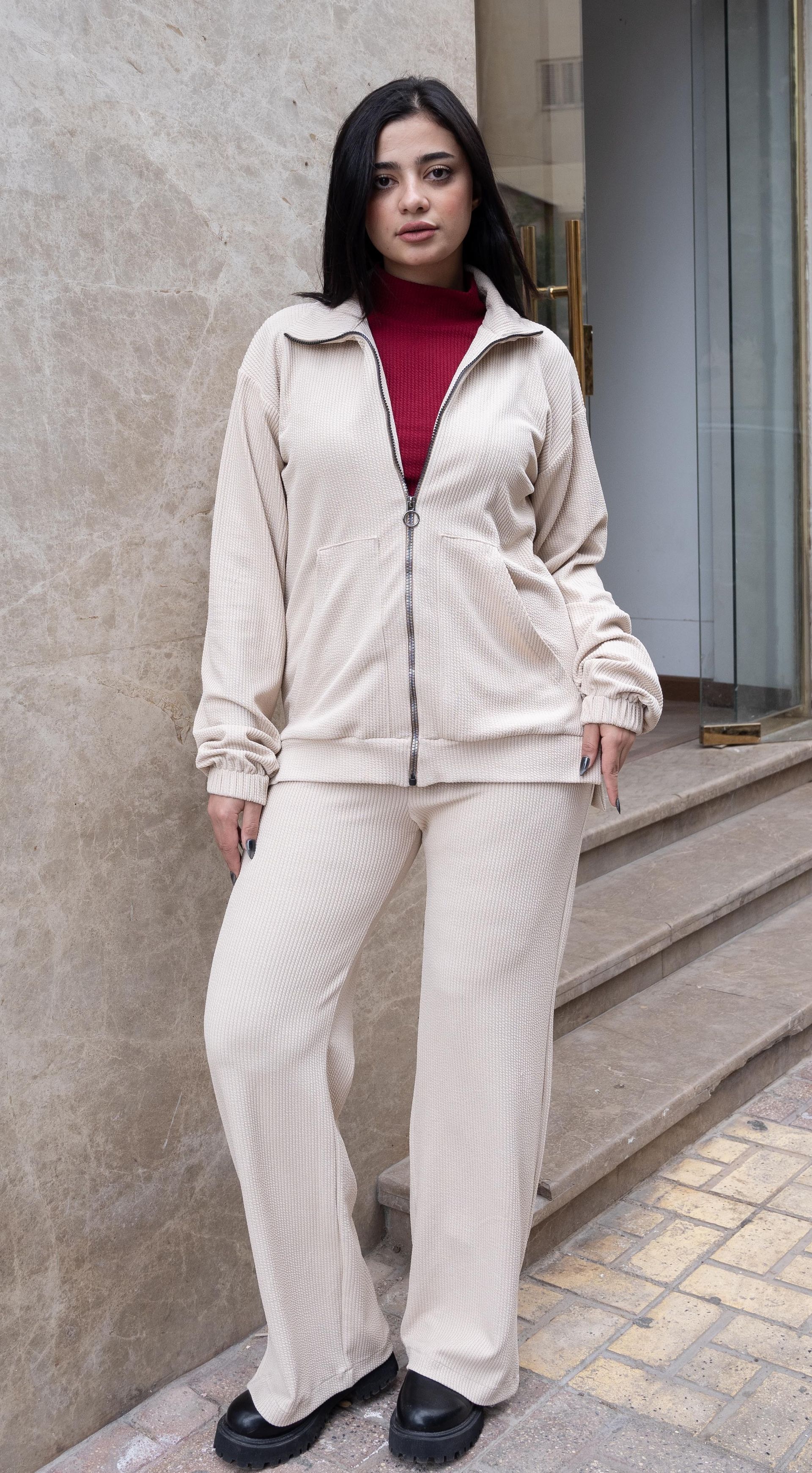 Ribbed Beige Zipper 2P-Set