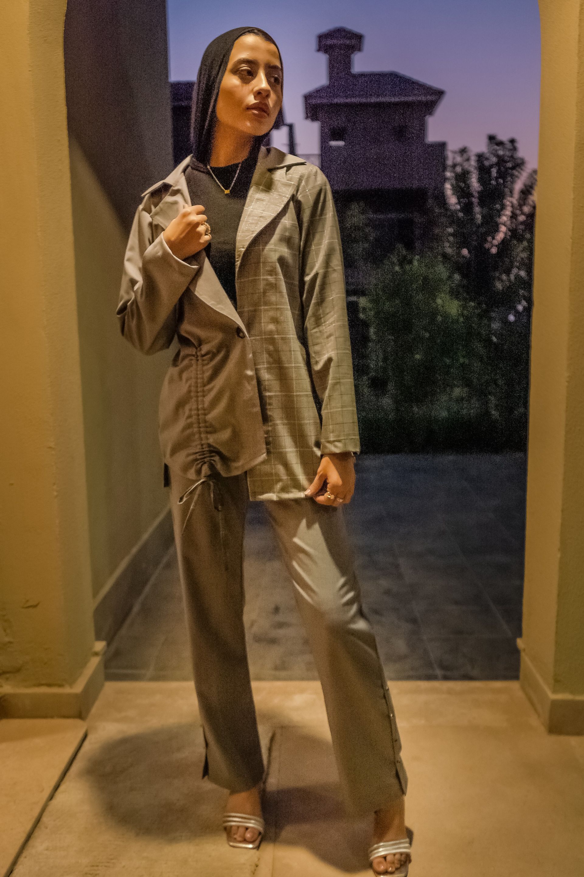 Taupe and Plaid Patchwork Blazer Suit