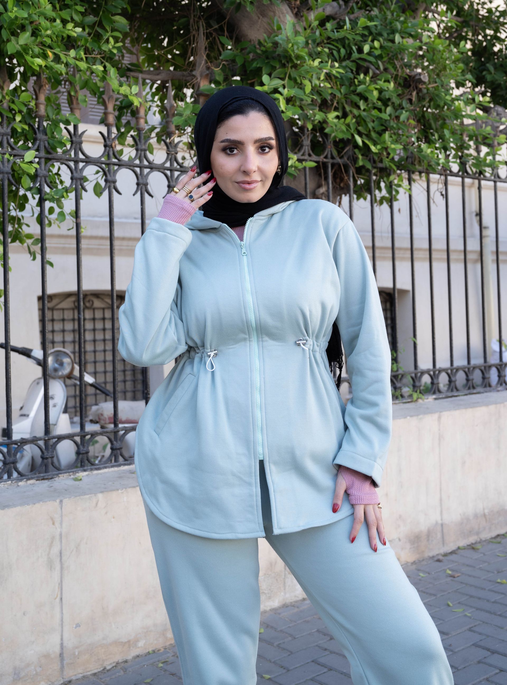 Hooded Mint Drawstring Waist Top 2P-Set