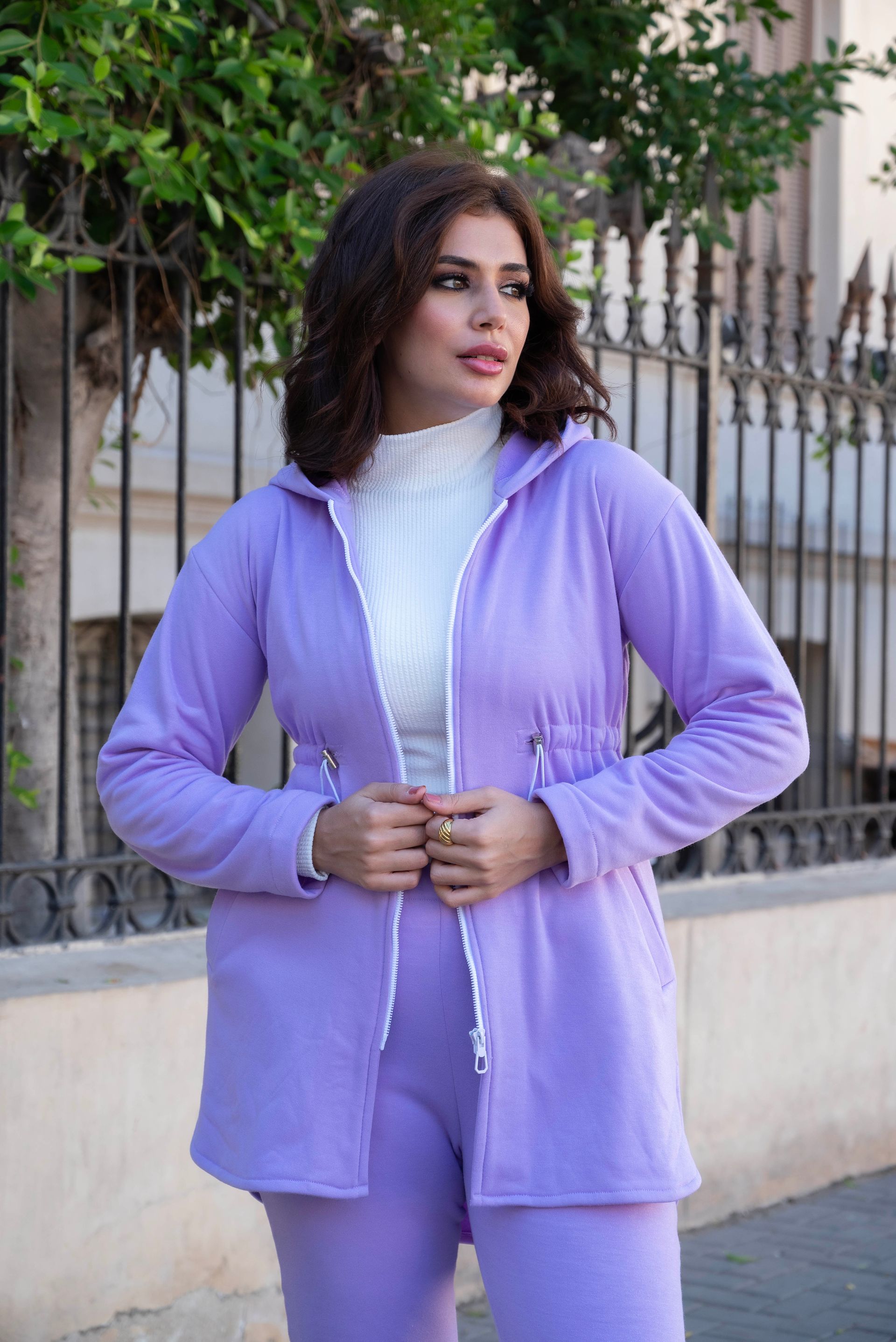 Hooded Purple Drawstring Waist Top 2P-Set
