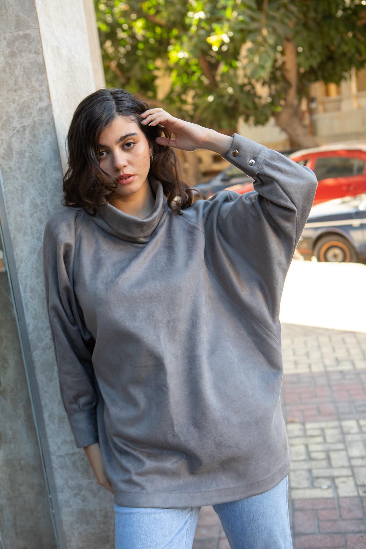 Steel Grey Suede H-Neck Blouse