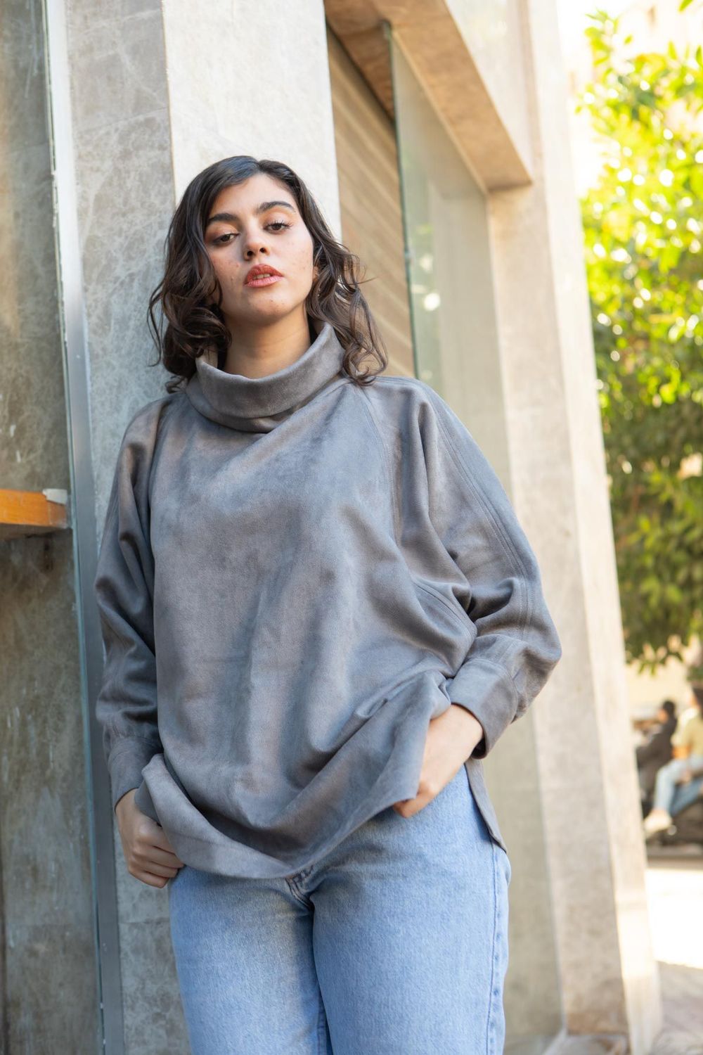 Steel Grey Suede H-Neck Blouse