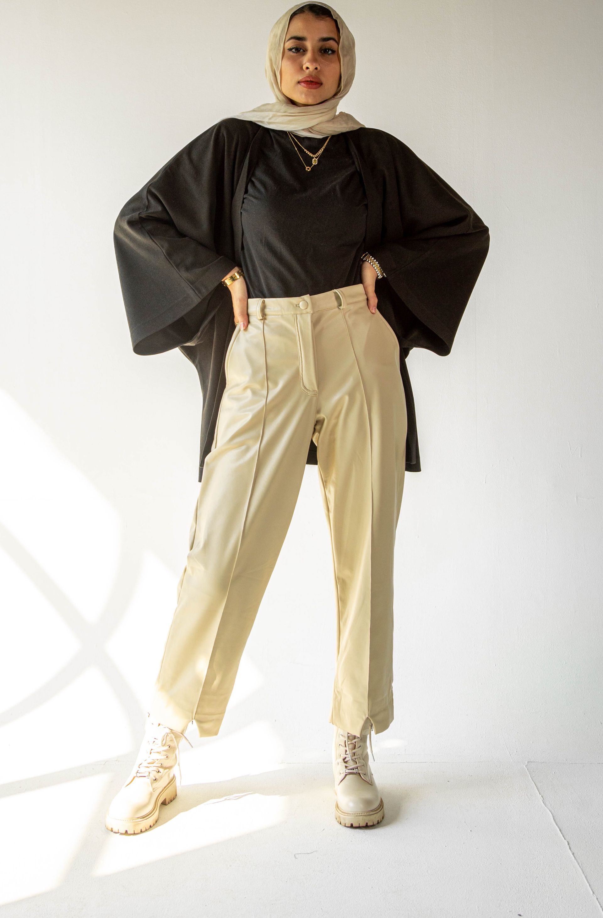 Beige Straight-Leg Pants