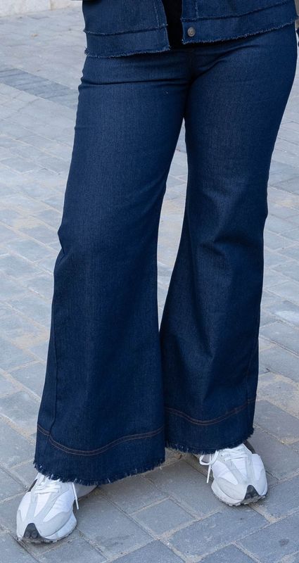 Dark Blue Flared Denim Frayed Hem