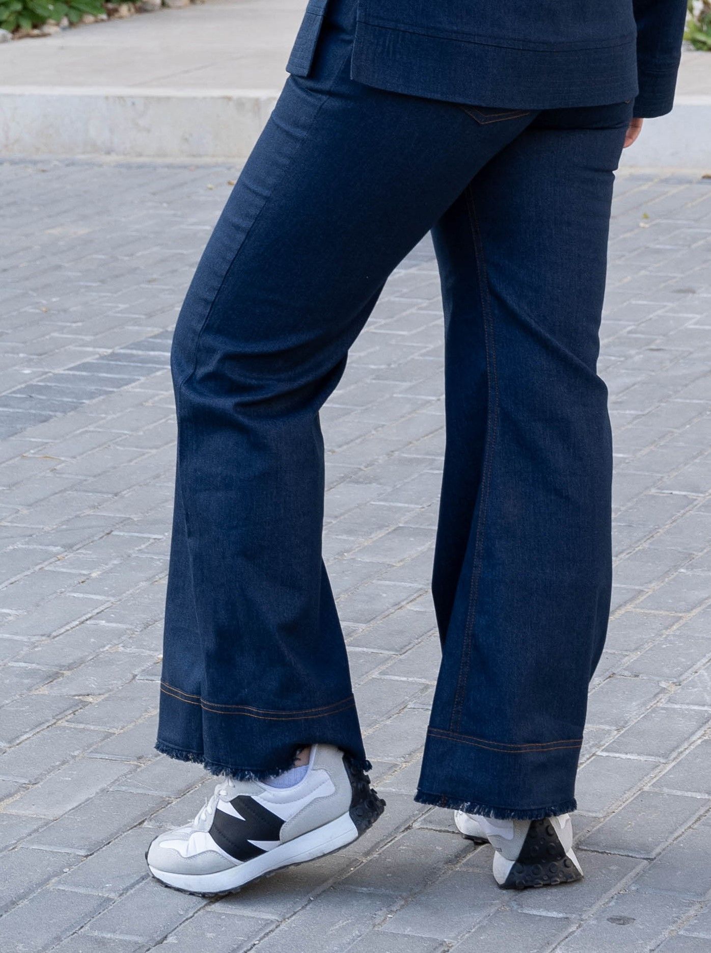 Dark Blue Flared Denim Frayed Hem